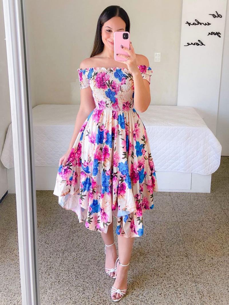 Dámské Kapesníkové Šaty Smocked Floral Off The Shouder Summer Midi Dresses - Fialová