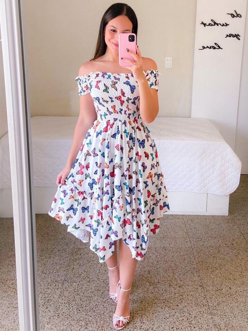 Dámské Kapesníkové Šaty Smocked Floral Off The Shouder Summer Midi Dresses - Bílá