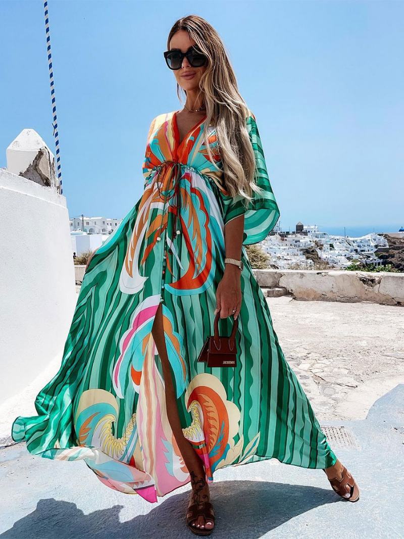 Dlouhé Šaty Batwing Bohemian Printed Beach Cover-up Pro Ženy