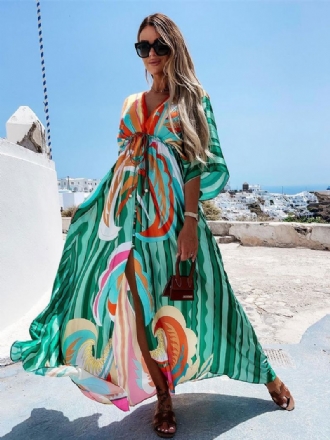 Dlouhé Šaty Batwing Bohemian Printed Beach Cover-up Pro Ženy