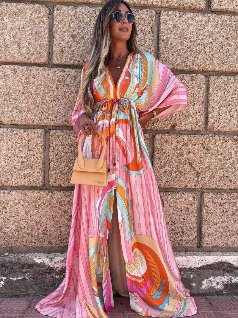 Dlouhé Šaty Batwing Bohemian Printed Beach Cover-up Pro Ženy - Růžová