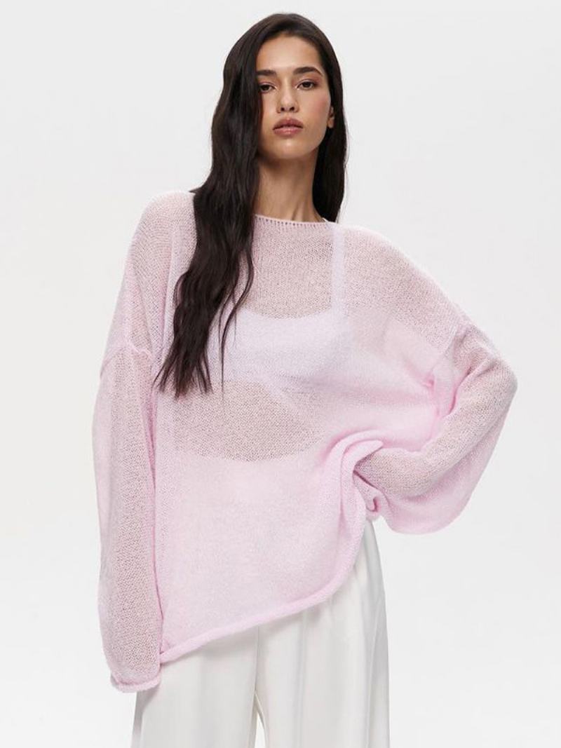 Dámská Obyčejná Háčkovaná Trička Boatneck S Dlouhými Rukávy Dutý Oversized Sexy Top - Růžová