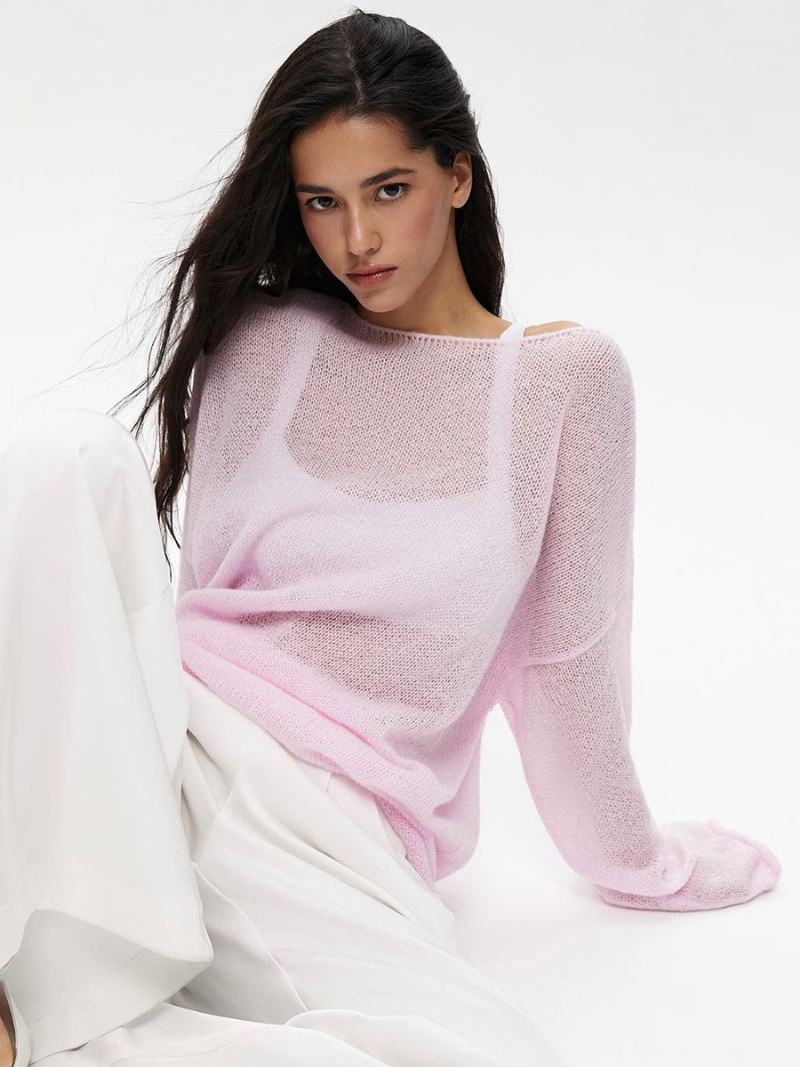 Dámská Obyčejná Háčkovaná Trička Boatneck S Dlouhými Rukávy Dutý Oversized Sexy Top - Růžová