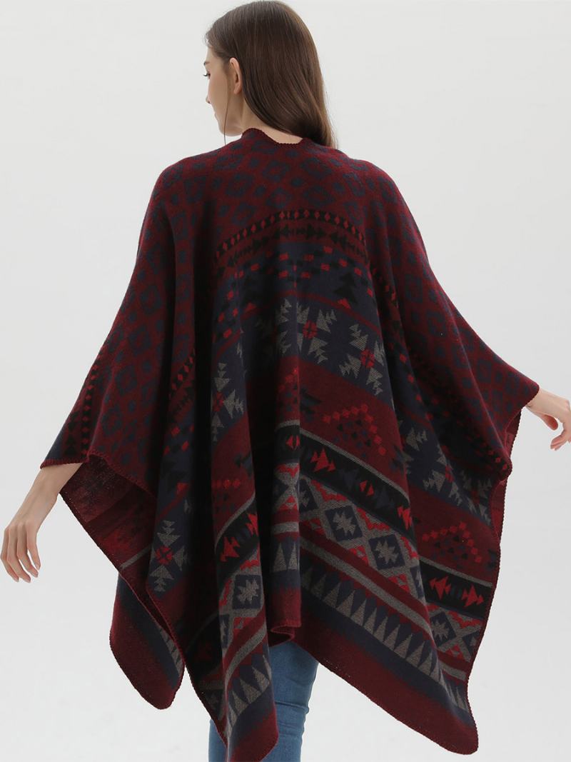 Bohémské Ženy Kapsko Geometric Oversized Podzimní Zimní Pončo - Vínová