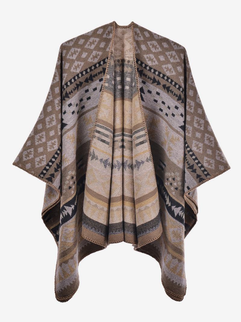 Bohémské Ženy Kapsko Geometric Oversized Podzimní Zimní Pončo - Khaki