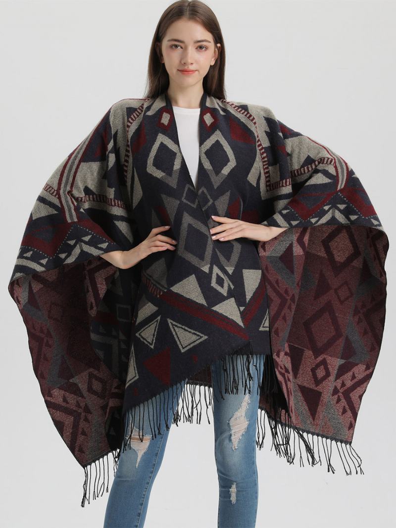 Dámské Cape Geometrické S Třásněmi Oversized Podzim Zimní Pončo