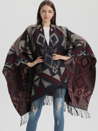 Dámské Cape Geometrické S Třásněmi Oversized Podzim Zimní Pončo