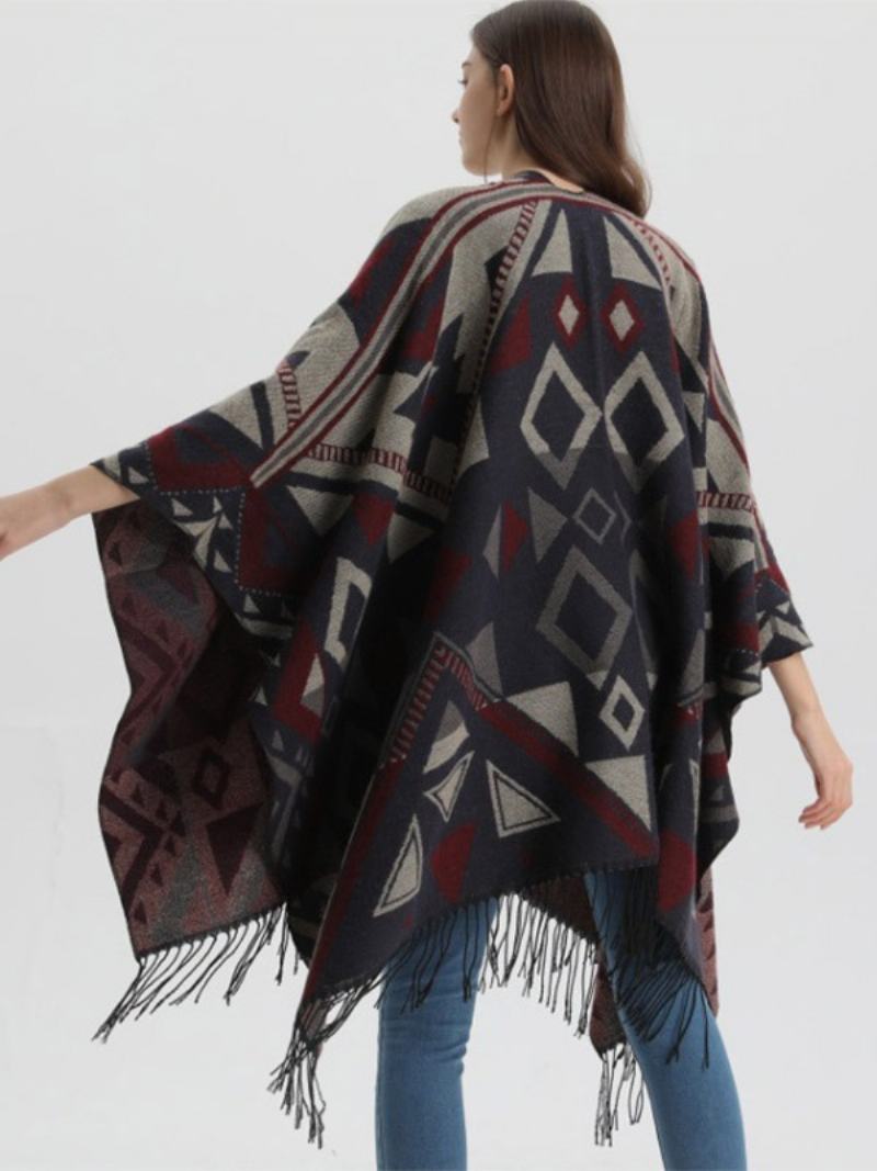 Dámské Cape Geometrické S Třásněmi Oversized Podzim Zimní Pončo - Tmavá Námořnická