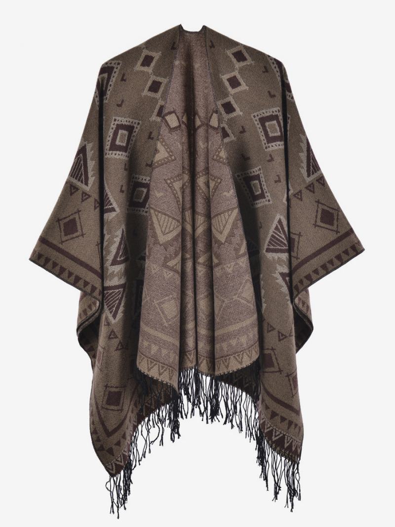 Dámské Cape Geometrické S Třásněmi Oversized Podzim Zimní Pončo - Khaki