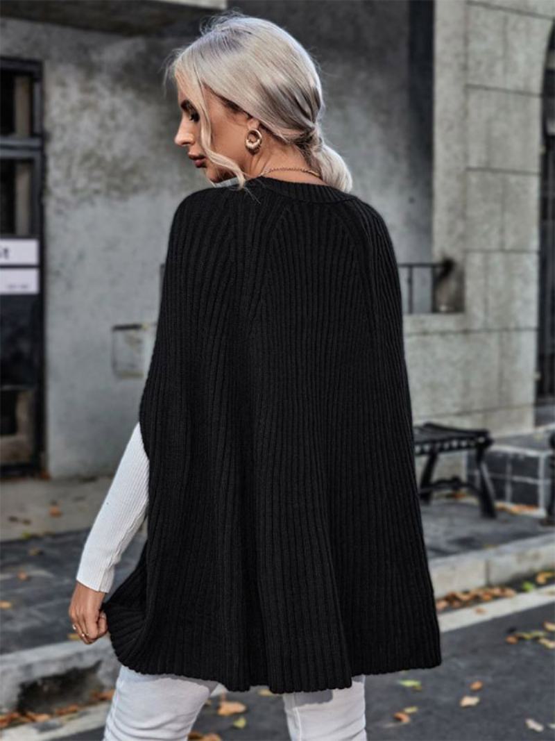 Dámské Pletené Pončo Jewel Neck Black Fall Spring Cape - Černá