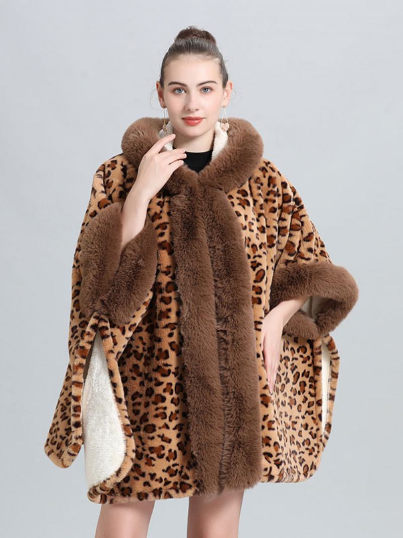 Dámské Pončo Kabát Leopard S Kapucí Cape Winter Outerwear