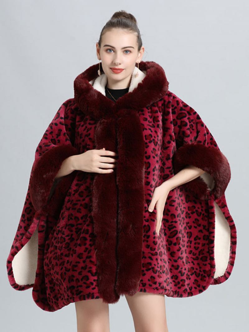 Dámské Pončo Kabát Leopard S Kapucí Cape Winter Outerwear - Vínová