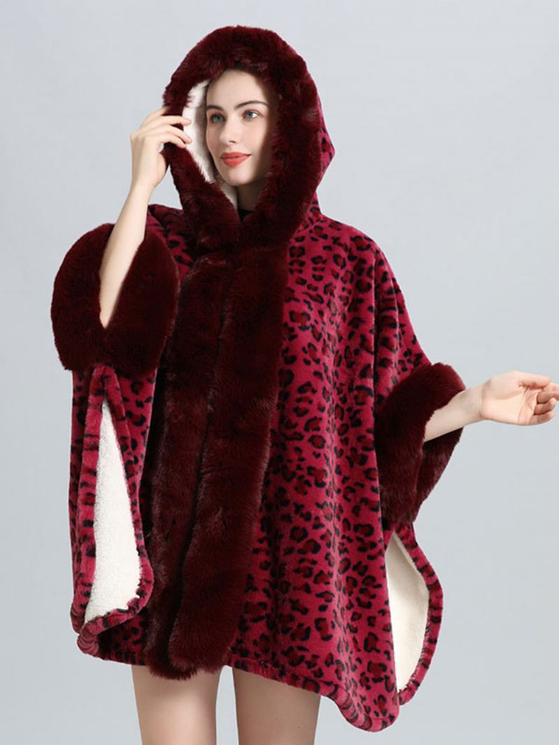 Dámské Pončo Kabát Leopard S Kapucí Cape Winter Outerwear - Vínová