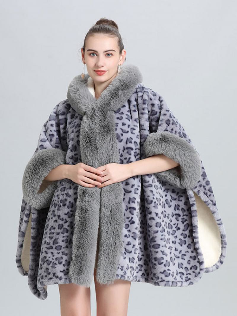 Dámské Pončo Kabát Leopard S Kapucí Cape Winter Outerwear - Světle Šedá