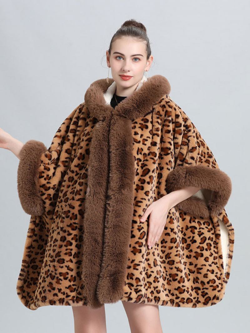 Dámské Pončo Kabát Leopard S Kapucí Cape Winter Outerwear - Khaki