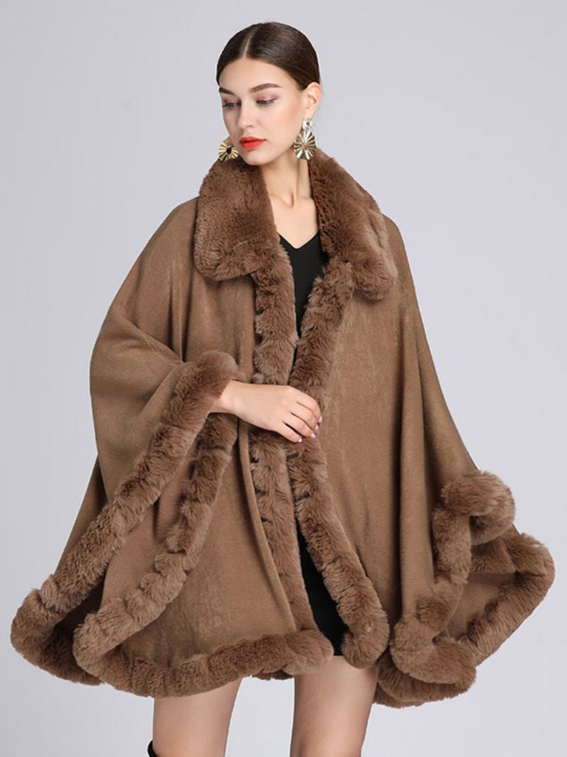 Dámské Pončo Kabát Z Umělé Kožešiny Cape Winter Outerwear - Khaki