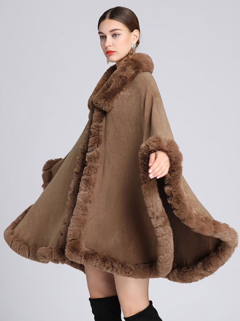 Dámské Pončo Kabát Z Umělé Kožešiny Cape Winter Outerwear - Khaki