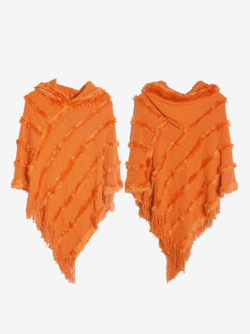 Dámské Pončo S Kapucí Zelené Oversized Třásněmi - Oranžová