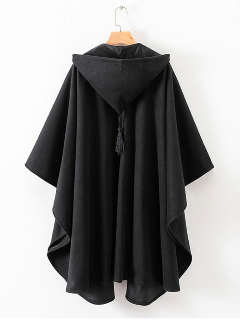 Dámské Pončo S Kapucí Černé Oversized Střapce Cape - Černá