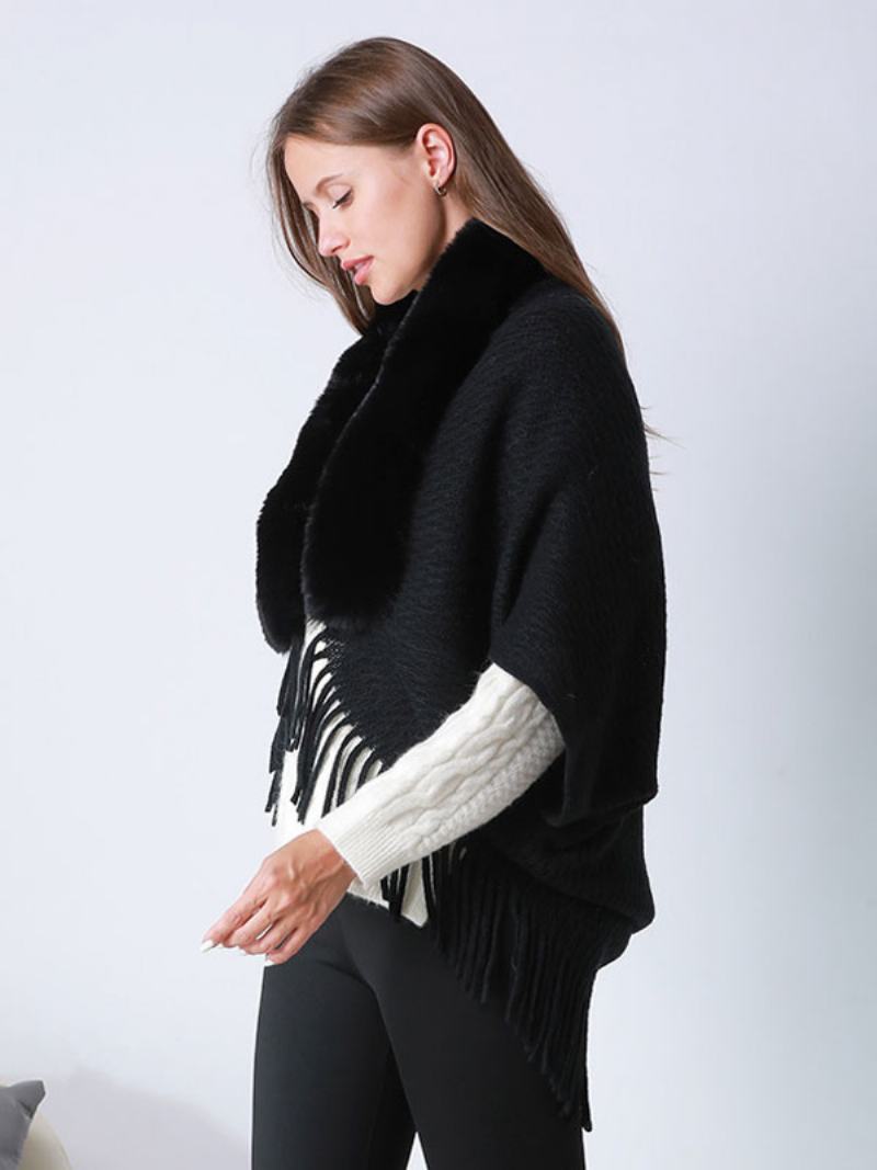 Dámské Pončo S Rukávy Z Umělé Kožešiny Oversized Cape - Černá