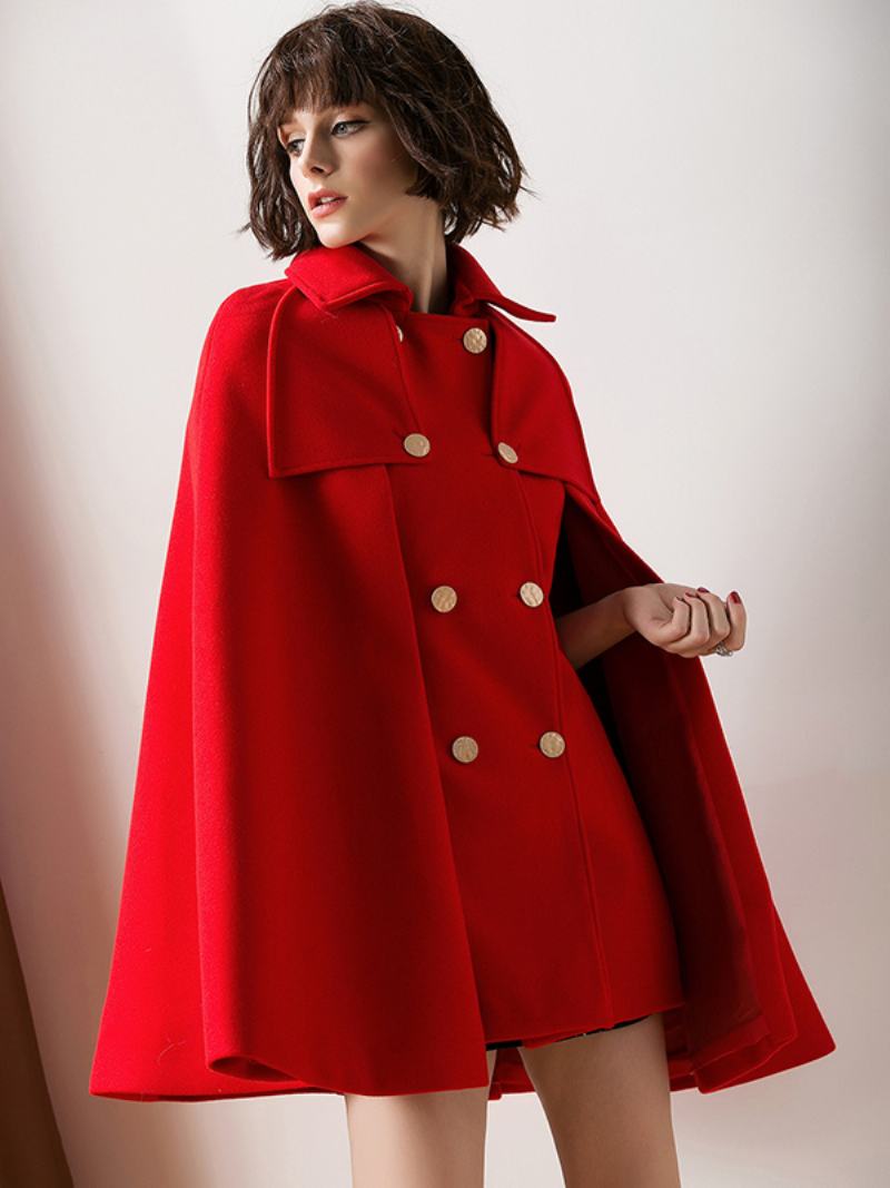 Dámské Červené Pončo Oversized Cape Coat Zimní Svrchní Oblečení - Červená