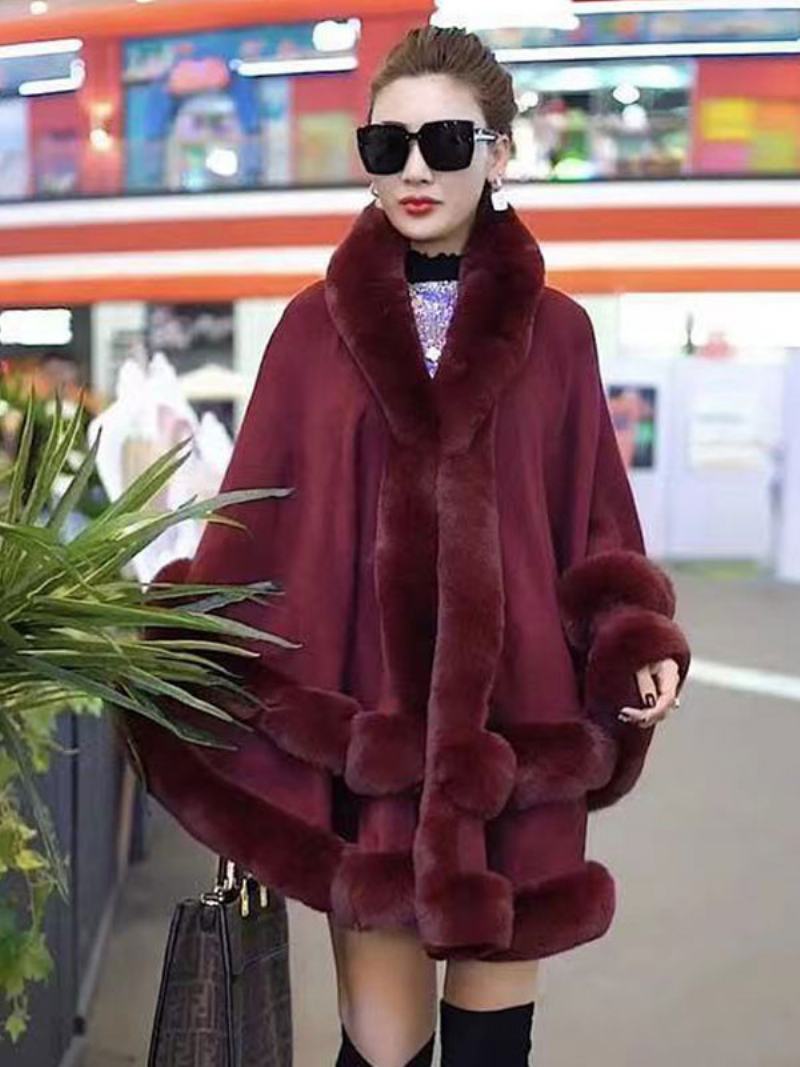 Dámský Pončo Kabát Oversized Z Umělé Kožešiny Cape Winter Outerwear - Vínová