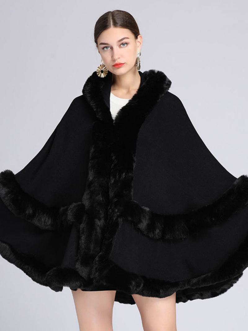 Dámský Pončo Kabát Oversized Z Umělé Kožešiny Cape Winter Outerwear - Černá