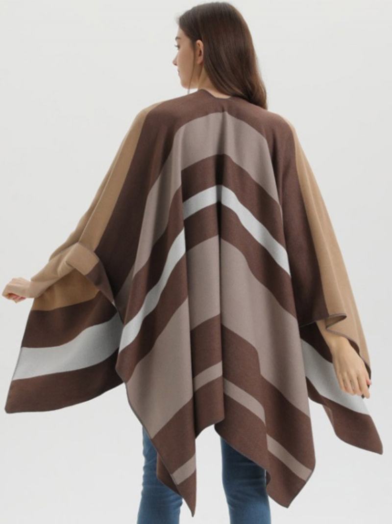 Oversized Ženy Cape Stripes Color Block Fall Winter Poncho - Kávově Hnědá