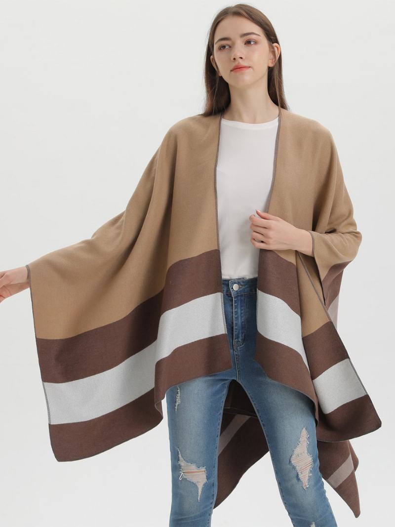 Oversized Ženy Cape Stripes Color Block Fall Winter Poncho - Kávově Hnědá