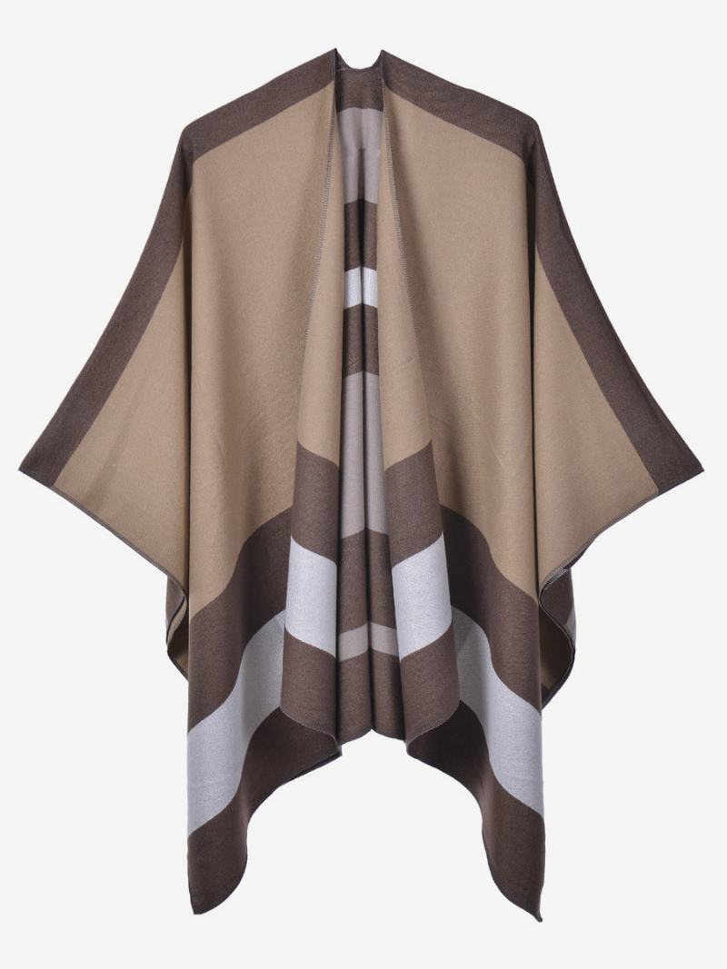 Oversized Ženy Cape Stripes Color Block Fall Winter Poncho - Kávově Hnědá