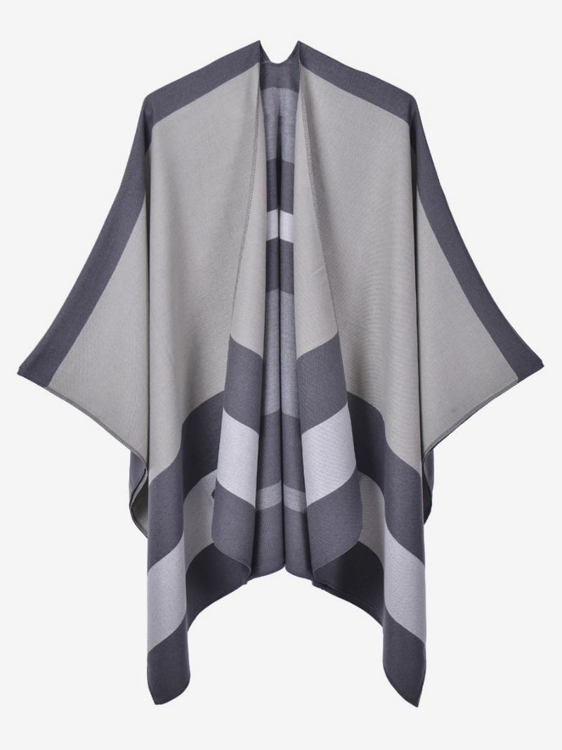 Oversized Ženy Cape Stripes Color Block Fall Winter Poncho - Šedá