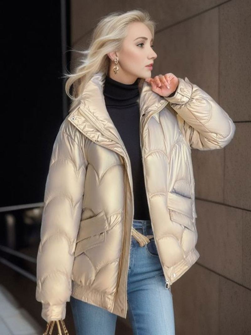 Dámské Kabáty Puffer Coats Stojáček Na Zip Dlouhé Rukávy Zimní Svrchní Oblečení - Šampaňské