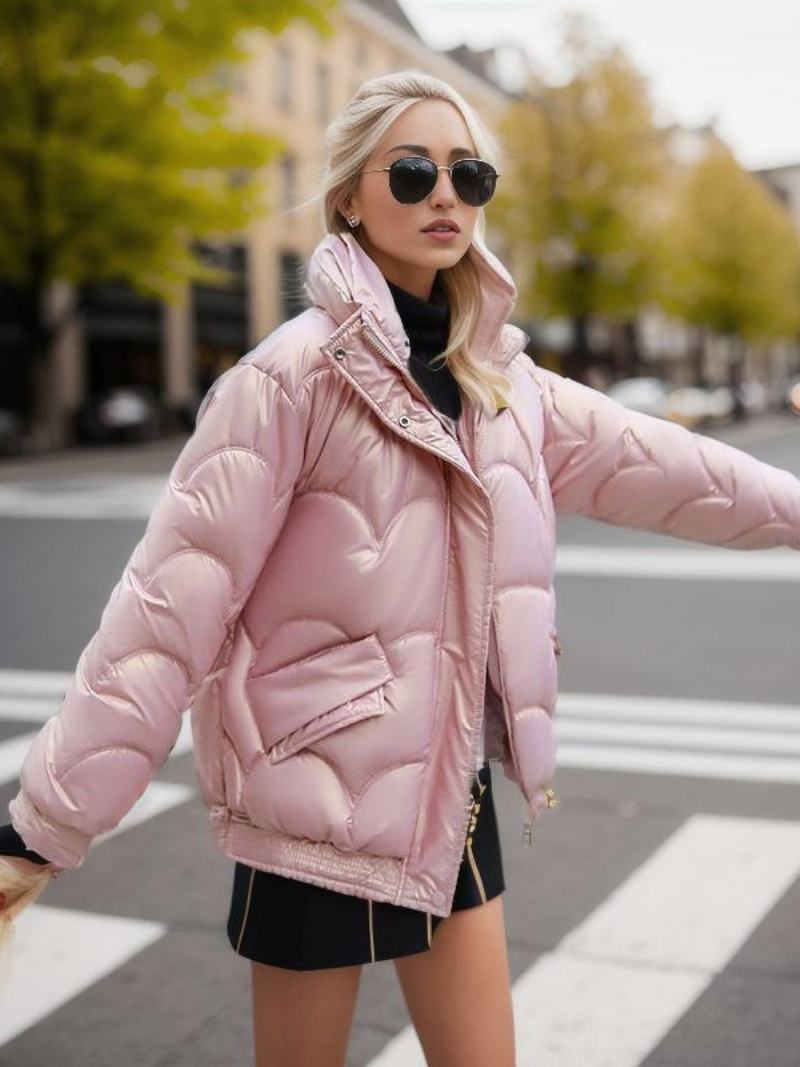 Dámské Kabáty Puffer Coats Stojáček Na Zip Dlouhé Rukávy Zimní Svrchní Oblečení - Růžová