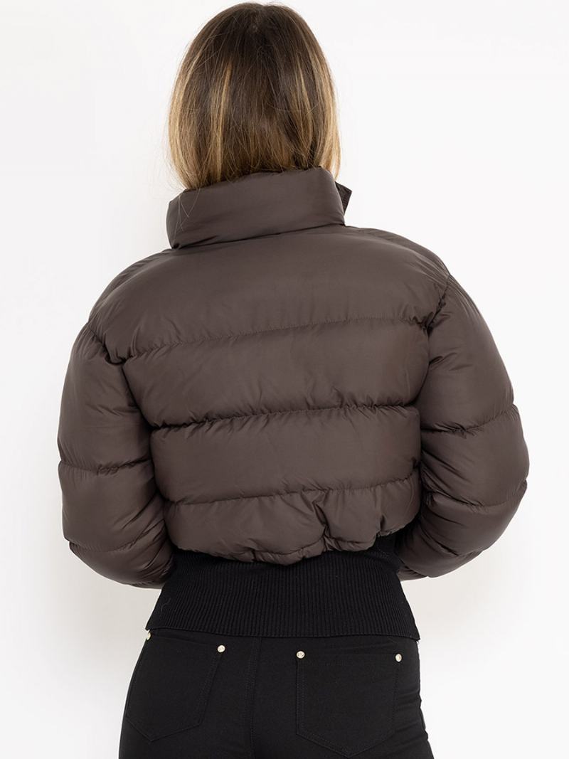 Dámské Puffer Coats Hluboce Hnědé Stojánek Límeček Zip Dlouhé Rukávy Stahovací Šňůrka Svrchní Oblečení - Vínová