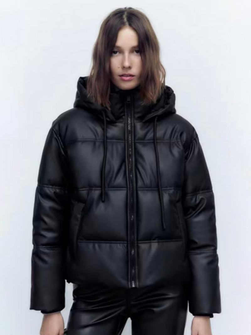 Puffer Coat Stojánek Límec Hodded Zip Se Šikmými Kapsami Dámské Svrchní Oděvy