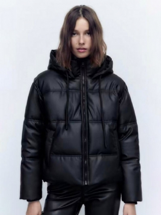 Puffer Coat Stojánek Límec Hodded Zip Se Šikmými Kapsami Dámské Svrchní Oděvy