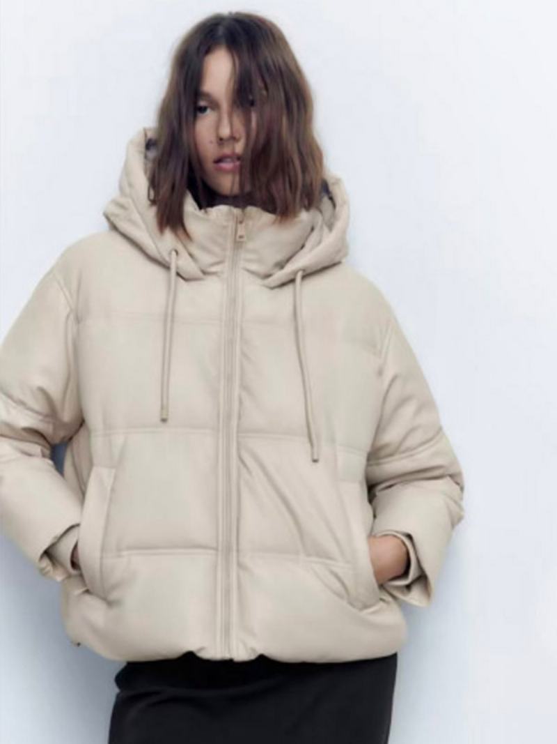 Puffer Coat Stojánek Límec Hodded Zip Se Šikmými Kapsami Dámské Svrchní Oděvy - Béžová