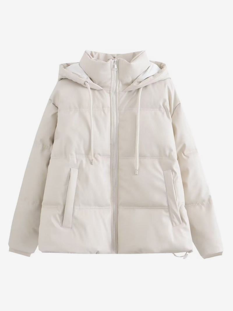 Puffer Coat Stojánek Límec Hodded Zip Se Šikmými Kapsami Dámské Svrchní Oděvy - Béžová