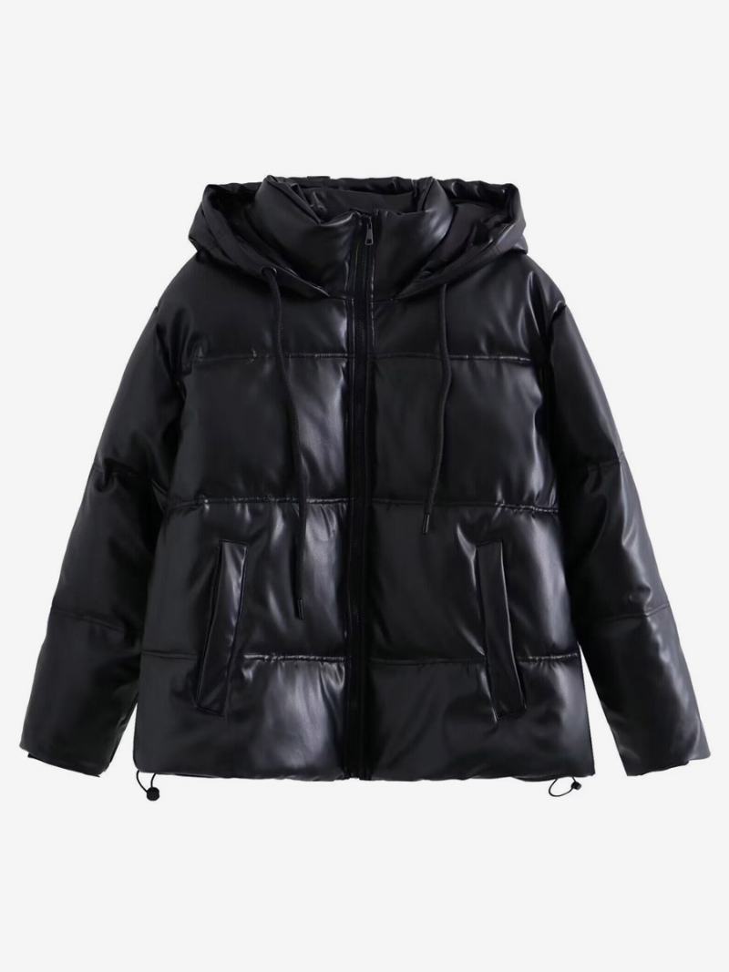 Puffer Coat Stojánek Límec Hodded Zip Se Šikmými Kapsami Dámské Svrchní Oděvy - Černá