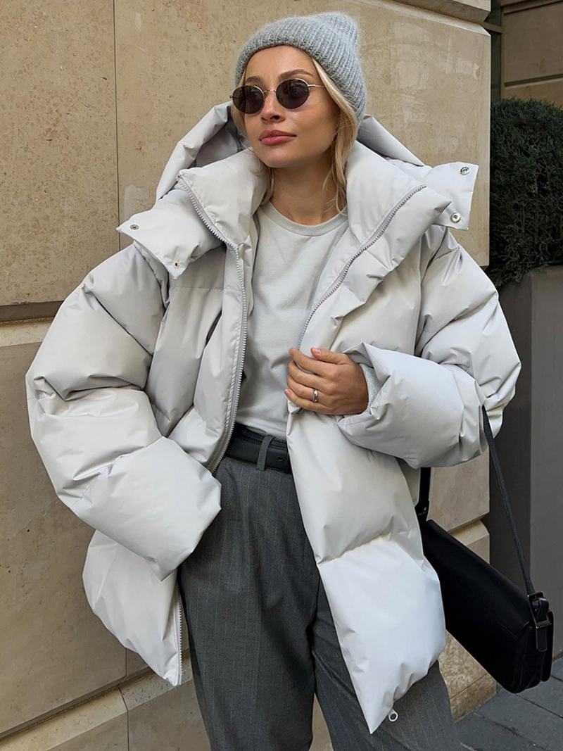 Puffer Coat Zip S Kapucí Jednobarevné Oversized Svrchní Oděvy Pro Ženy