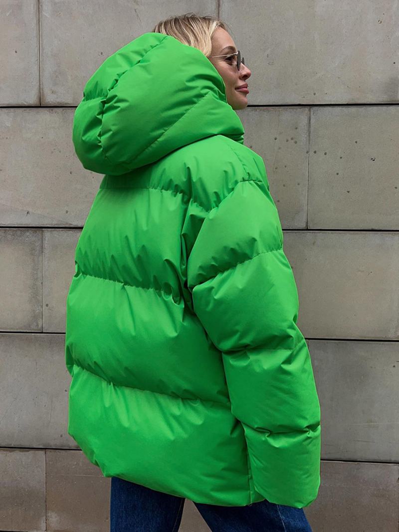 Puffer Coat Zip S Kapucí Jednobarevné Oversized Svrchní Oděvy Pro Ženy - Zelená