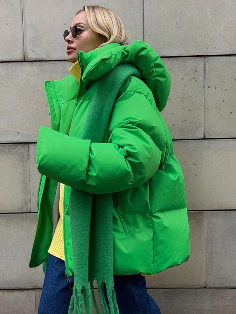 Puffer Coat Zip S Kapucí Jednobarevné Oversized Svrchní Oděvy Pro Ženy - Zelená