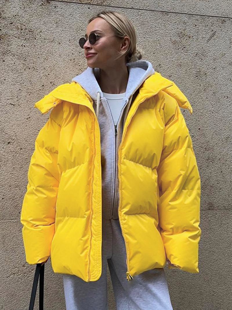 Puffer Coat Zip S Kapucí Jednobarevné Oversized Svrchní Oděvy Pro Ženy - Žlutá