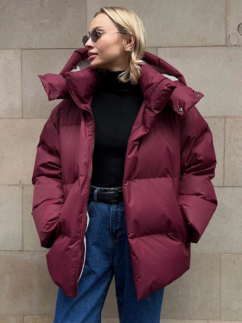 Puffer Coat Zip S Kapucí Jednobarevné Oversized Svrchní Oděvy Pro Ženy - Vínová