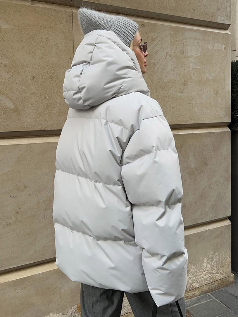 Puffer Coat Zip S Kapucí Jednobarevné Oversized Svrchní Oděvy Pro Ženy - Světle Šedá