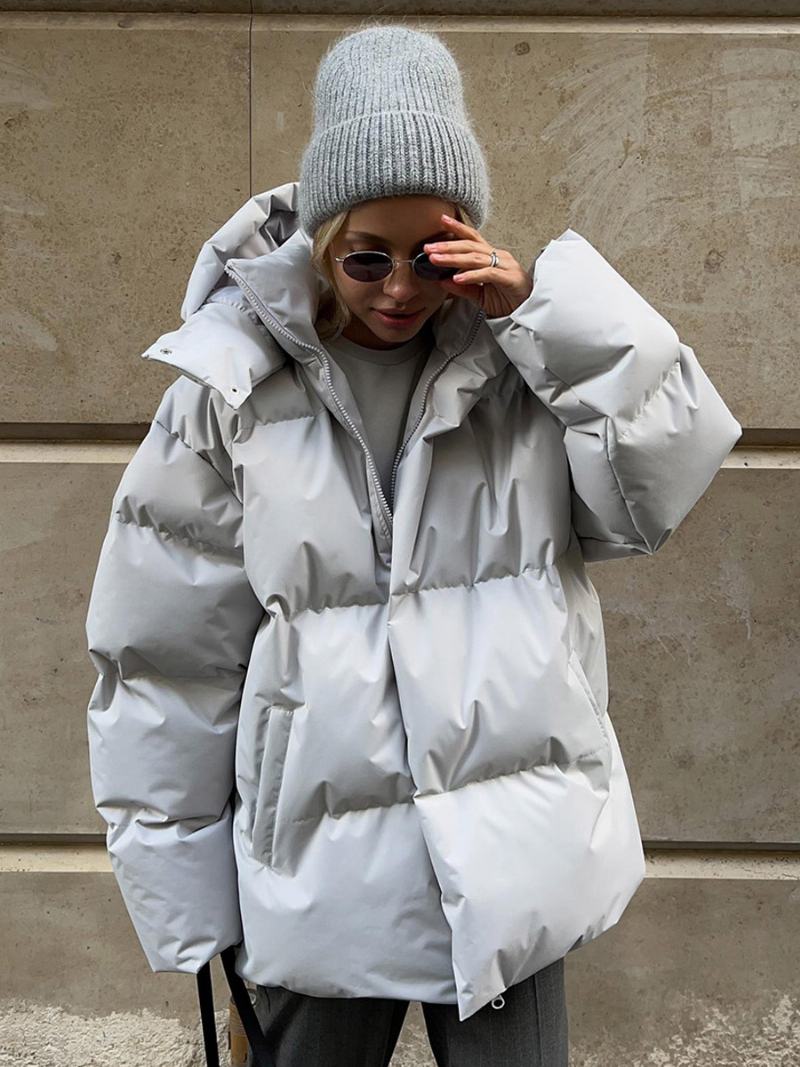 Puffer Coat Zip S Kapucí Jednobarevné Oversized Svrchní Oděvy Pro Ženy - Světle Šedá