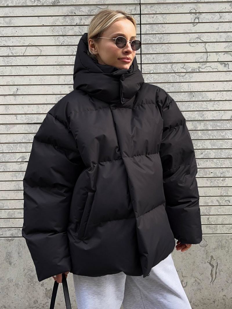 Puffer Coat Zip S Kapucí Jednobarevné Oversized Svrchní Oděvy Pro Ženy - Černá