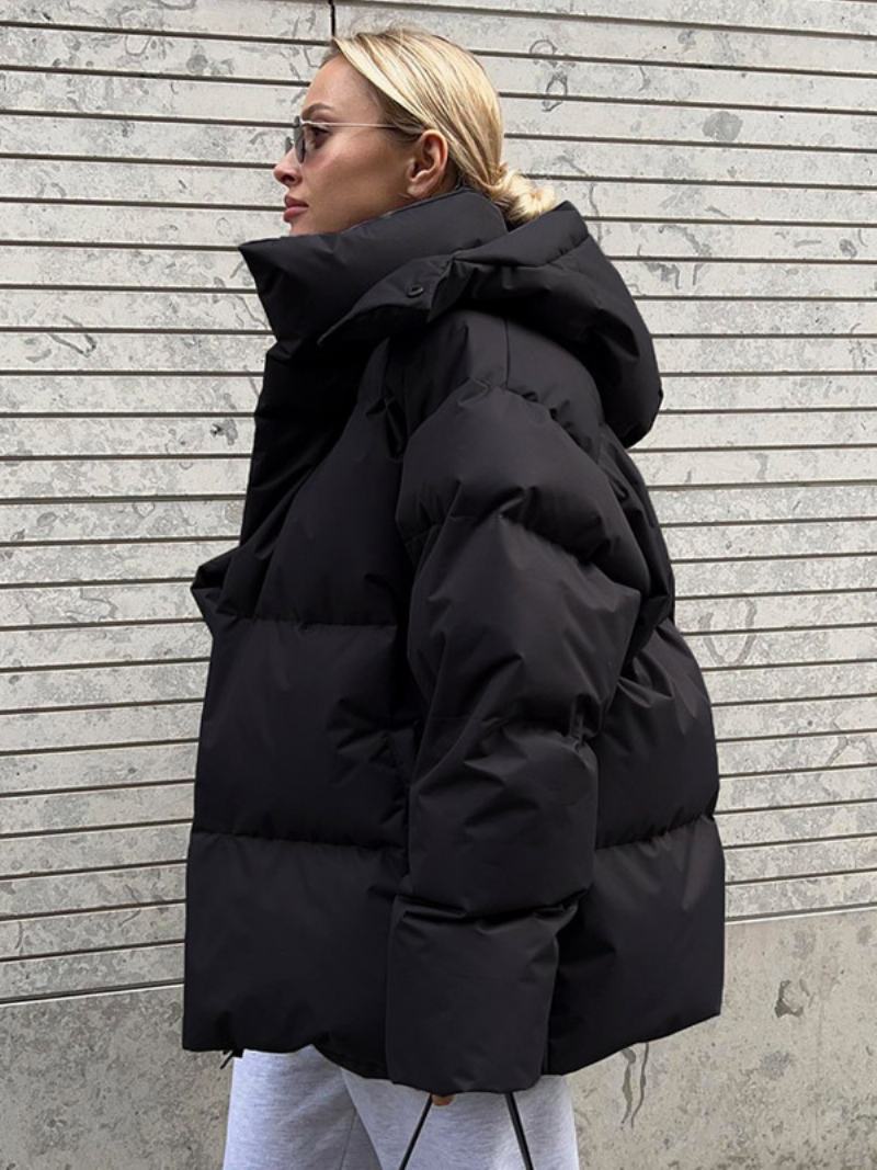 Puffer Coat Zip S Kapucí Jednobarevné Oversized Svrchní Oděvy Pro Ženy - Černá