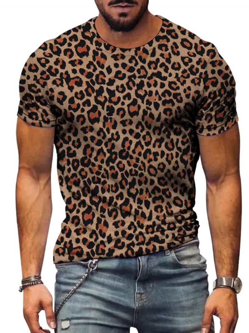 Pánská Trička Casual Jewel Neck Leopard Print Krátké Rukávy - Kávově Hnědá