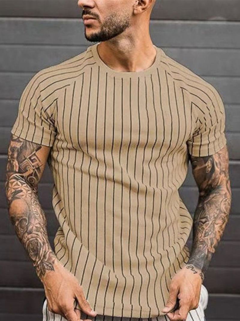 Pánská Trička Casual Jewel Neck Stripes Krátké Rukávy - Khaki